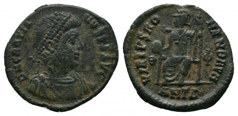 Gratian AD 375-383. Antioch Follis Æ. D N GRATIANVS P F AVG, diademed, draped an...