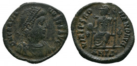 Gratian AD 375-383. Antioch Follis Æ. D N GRATIANVS P F AVG, diademed, draped and cuirassed bust of Gratian right / VIRTVS ROMANORVM, helmeted Roma en...