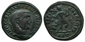 Maximinus II (AD 309-313), Æ Follis, Antioch, struck AD 312. IMP C GAL VAL MAXIMINVS P F AVG , head facing right, laureate. Rev. VIRTVTI EXERCITVS , V...