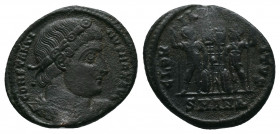 Constantine I Æ Nummus. Antioch, AD 330-335. CONSTANTINVS MAX AVG, rosette-diadem, draped, cuirassed bust right / GLORIA EXERCITVS, two soldiers stand...
