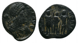 Arcadius (383-408). Æ . Antioch, 406-8. Pearl-diademed, draped and cuirassed bust r.; star behind. R/ Three emperors standing facing, two outermost ta...
