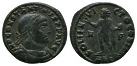 Constantine I (307-337 A.D.) Æ follis . Arles mint. IMP CONSTANTINVS P F AVG. Laureate, draped and cuirassed bust right./ SOLI INVICTO COMITI. M/F ARL...