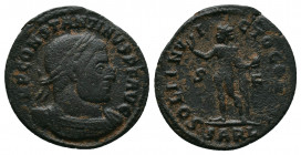 Constantine I (307-337 A.D.) bronze follis). Arles mint. IMP CONSTANTINVS P F AVG. Laureate, draped and cuirassed bust right./ SOLI INVICTO COMITI. S/...
