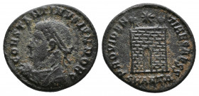 Constantine II, Æ Antioch mint. Obverse: CONSTANTINVS IVN NOB C, laureate, draped and cuirassed bust left Reverse: PROVIDEN-TIAE CAESS, campgate with ...