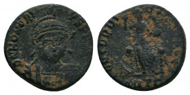 Honorius AD 393-423. Antioch. Follis Æ. DN HONORIVS PF AVG, pearl-diademed and cuirassed bust right with spear and shield en face / CONCORDIA AVGG/ AN...