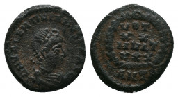 Valentinian II (375-392). Æ. Antioch, 378-83. DN VALENTINIANVS PF AVG, pearl-diademed, draped and cuirassed bust r. R/ VOT XX MVLT XXX within wreath; ...