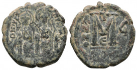 Justin II, with Sophia. 565-578. Æ Follis. Constantinople mint, Justin, holding globus cruciger, and Sophia, holding cruciform scepter, seated facing ...