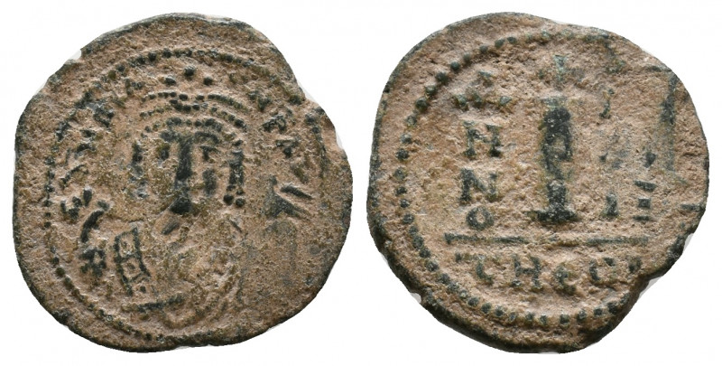 MAURICE TIBERIUS. 582-602 AD. Æ Decanummium . Antioch mint. Crowned facing bust ...