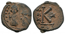 Heraclius. A.D. 610-641. AE half follis. Thessalonica mint, Heraclius & Heraclius Constantine standing facing, each wears crown and chlamys and holds ...