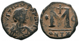 Justin I. 518-527. Æ Follis (33mm, 15.58 g, 7h). Antioch mint. Struck 522-527. Pearl-diademed, draped, and cuirassed bust right / Large M; //ANTX. DOC...