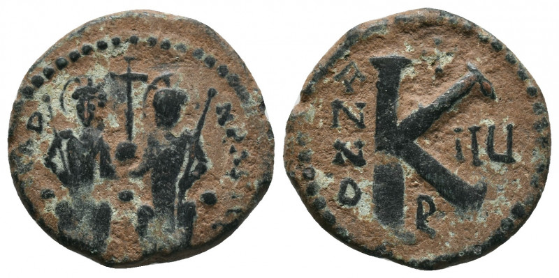 Justin II, with Sophia. 565-578. Æ Half Follis . Antioch mint. Justin, on left, ...