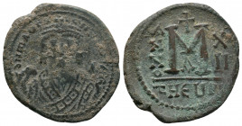 Maurice Tiberius, 582-602. Follis Theoupolis (Antioch), RY 12. D N MAVΓ- CNPAVC Crowned bust of Maurice Tiberius facing, wearing consular robes, holdi...