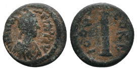 Anastasius I. 491-518. Æ Decanummium . Constantinople mint. Struck 498-507. Diademed, draped, and cuirassed bust right / Large I; pellet to left and r...