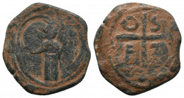 Tancred AD 1101-1112. Third type. Antioch
Follis Æ
Illegible inscription, St. Peter standing facing, raising his right hand and holding cross-tipped s...
