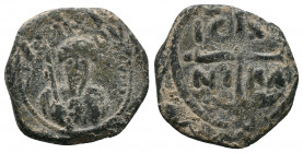 Tancred. Regent, 1101-03, 1104-12. Æ Follis . Second type. Bust of Tancred facing, wearing turban, holding sword / Cross pommetée, fleuronnée at base;...