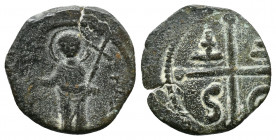 Tancred AD 1101-1112. Third type. Antioch
Follis Æ
Illegible inscription, St. Peter standing facing, raising his right hand and holding cross-tipped s...