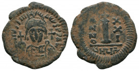 MAURICE TIBERIUS. 582-602 AD. Æ Decanummium . Antioch mint. Year 21 (601/2 AD). Crowned facing bust wearing consular robes, holding mappa and eagle-ti...