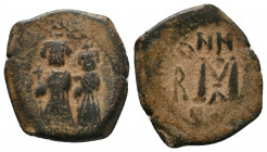 Heraclius and Heraclius Constantine. 610-641. Æ Follis . Constantinople mint,. Heraclius, on left, and Heraclius Constantine, on right, each wearing c...