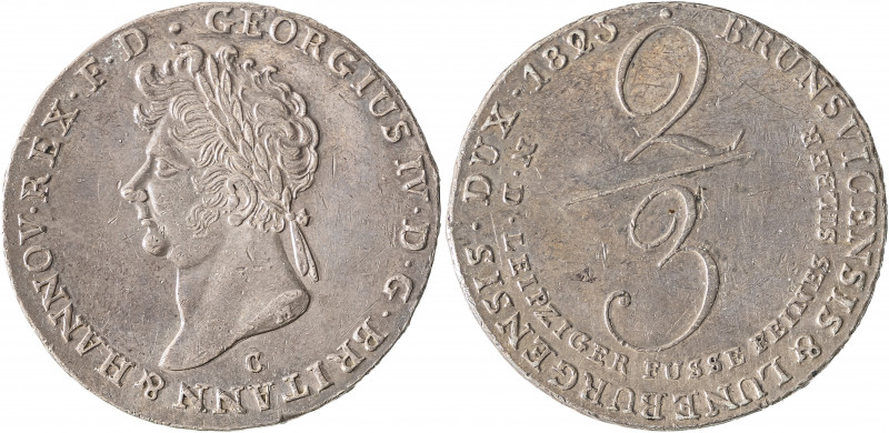 Hannover, George IV, 1820-1830. 2/3 Taler, 1823 C, Clausthal mint, 13.00g (KM140...
