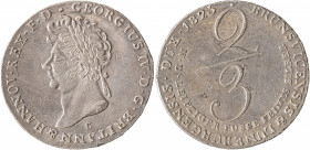 Hannover, George IV, 1820-1830. 2/3 Taler, 1823 C, Clausthal mint, 13.00g (KM140).

Old cabinet patina with silver grey tone, some insignificant bagma...