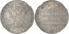 Lubeck, Free City 32 Schilling (Gulden), 1797HDF (KM199).

Attractive silver tone with nice details and some underlying luster.

Graded AU55 NGC