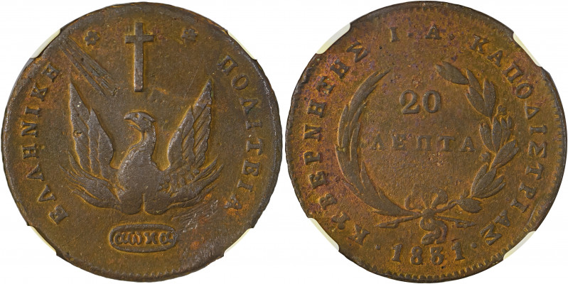 Governor I. Kapodistrias, 1828-1831. 20 Lepta, 1831 (KM11; Divo 2; Chase 506).

...