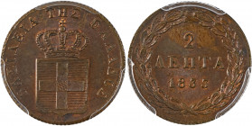 Greece, King Otto, 1832-1862. 2 Lepta, 1833, First Type, Munich mint (KM14; Divo 25b).

Fully lustrous specimen with brown patina and much red luster ...