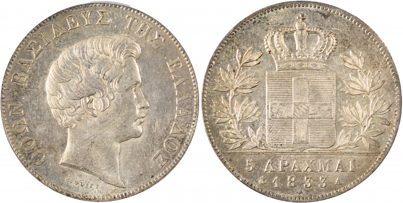 Greece, King Otto, 1832-1862. 5 Drachmai, 1833A, First Type, Paris mint (KM20; D...