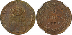 Greece, King Otto, 1832-1862. 2 Lepta, 1834, First Type, Munich mint (KM14; Divo 25c).

Full details on both sides with brown patina, an almost invisi...