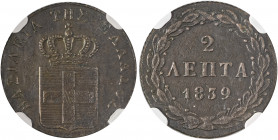 Greece, King Otto, 1832-1862. 2 Lepta, 1839, First Type, Athens mint (KM14; Divo 25g).

Sharp obverse details with delightful brown toning

Graded AU5...