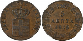 Greece, King Otto, 1832-1862. 5 Lepta, 1839, First Type, Athens mint (KM16; Divo 21f).

Brown patina and nice details.

Graded AU53BN NGC