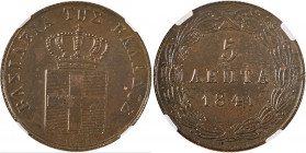 Greece, King Otto, 1832-1862. 5 Lepta, 1841, First Type, Athens mint (KM16; Divo 21h).

Even dark brown patina for this mint state coin.

Graded MS63B...