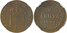 Greece, King Otto, 1832-1862. 2 Lepta, 1842, First Type, Athens mint (KM14; Divo 25i).

Attractive details, brown patina with some underlying red spot...