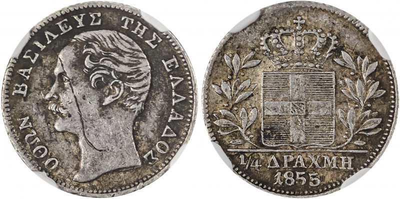 Greece, King Otto, 1832-1862. 1/4 Drachma, 1855, Second Type, Vienna mint (KM33;...