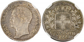 Greece, King Otto, 1832-1862. 1/2 Drachma, 1855, Second Type, Vienna mint, variety with “dot” in front of head (KM34; Divo 15b).

Impressive details, ...