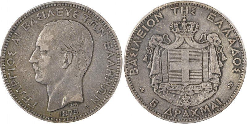 Greece, King George I, 1863-1913. 5 Drachmai, 1875A, First Type, Paris mint, var...
