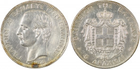 Greece, King George I, 1863-1913. 5 Drachmai, 1875A, First Type, Paris mint (KM46; Divo 50a; IV10; Dav. 117).

An eye appealing example, with sharp de...