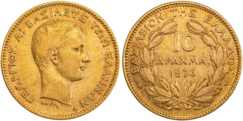 Greece, King George I, 1863-1913. AV 10 Drachmai, 1876A, Paris mint (KM48; Divo ...