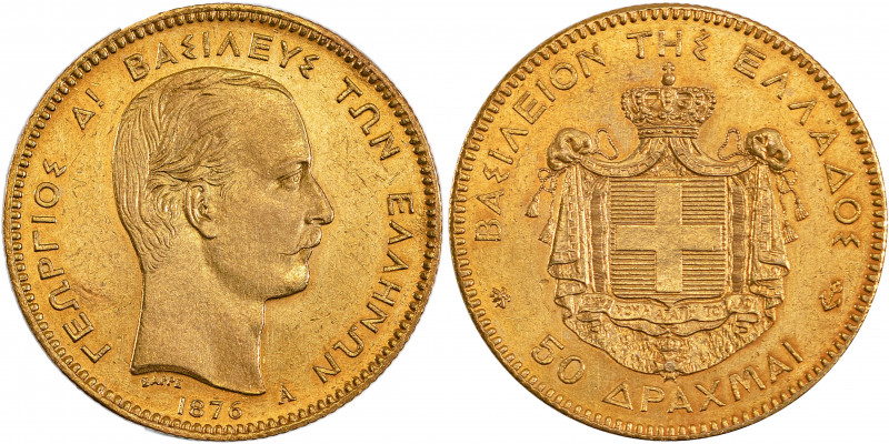 Greece, King George I, 1863-1913. AV 50 Drachmai, 1876A, Paris mint, Barre, mint...