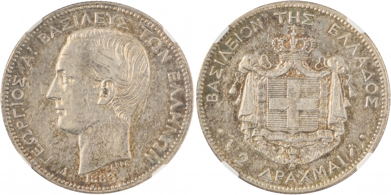 Greece, King George I, 1863-1913. 2 Drachmai, 1883A, First Type, Paris mint (KM3...
