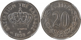 Greece, King George I, 1863-1913. 20 Lepta, 1893A, Second Type, Paris mint (KM57; Divo 57a; IV21).

Sharp details for issue, polished on both sides, s...