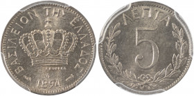 Greece, King George I, 1863-1913. 5 Lepta, 1894A, Third Type, Paris mint (KM58; Divo 65a; IV22).

Sharp details and full luster, two tiny dark spots o...