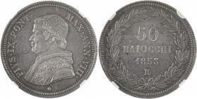Italian States, Papal States, Pius IX, 1846-1878. 50 Baiocchi, 1853R, Rome mint (KM1357).

Sharp details, grey steel patina, small mark on obverse sur...