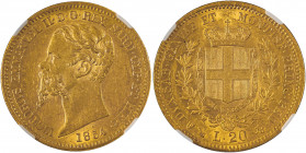 Sardinia, Vittorio Emanuele, 1849-1878. AV 20 Lire, 1854 Anchor and P, Genoa mint (KM-C126.1; Fr. 1147).

Lustrous example with strong details.

Grade...