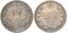 Russia, Alexander II, 1855-1881. 1/2 Rouble (Poltina), 1859CNB OB, St. Petersburg mint, 10.32g (KM-Y24; Bit-97).

Very strong details and mirror-like ...