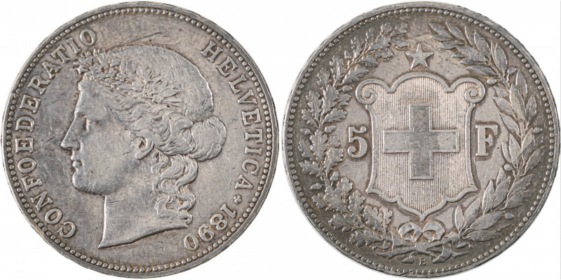 Switzerland, Confederation. 5 Francs, 1890B, Bern mint, 25.00g (KM34; Dav. 392)....