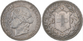 Switzerland, Confederation. 5 Francs, 1890B, Bern mint, 25.00g (KM34; Dav. 392).

Silver grey tone with underlying luster and strong details. Good ver...