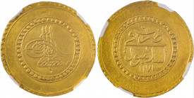 Turkey, Mustafa III, 1757-1774. AV 1 1/2 Altin, Islambul, AH 1171, year 6, 4.60g (KM 343.1, year unlisted)

Attractive golden tone, plugged and skilfu...