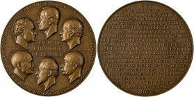 France, Societe Chimique de France. Bronze medal by R Cochet, 1957. Struck for the centennial of the Societe Chimique de France, portraits and names o...