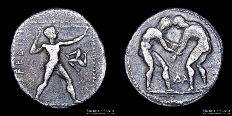 Aspendos, Panfilia. AR Stater ca. 380-325 AC. 21.0mm; 10.33g. A: Dos jugadores e...